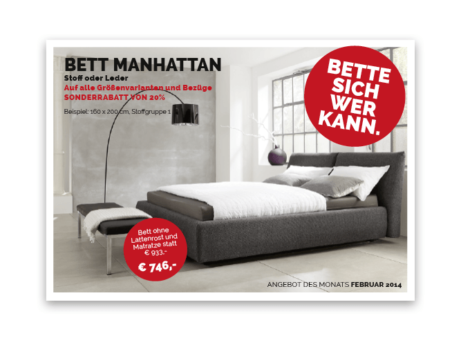 V8 Werbeagentur, Nürnberg, Roter Punkt, Einrichtungshaus, Angebot des Monats, Postkarte, Print