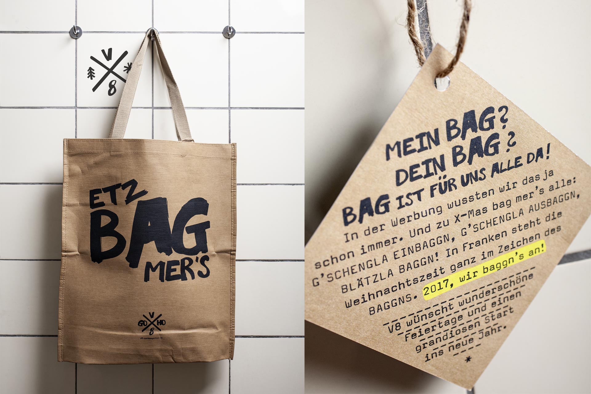 V8 Werbeagentur, Nürnberg, Give-Aways und Merchandise, bedruckte Einkaufstasche aus waschbarem Papier