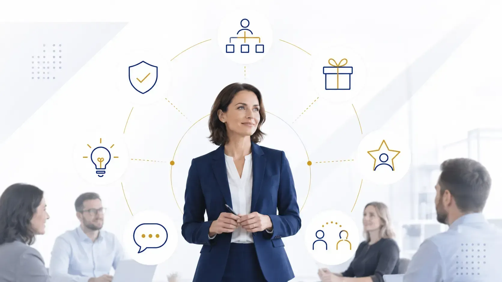 Führungskraft mit Symbolen für Position, Belohnung, Wissen, Information