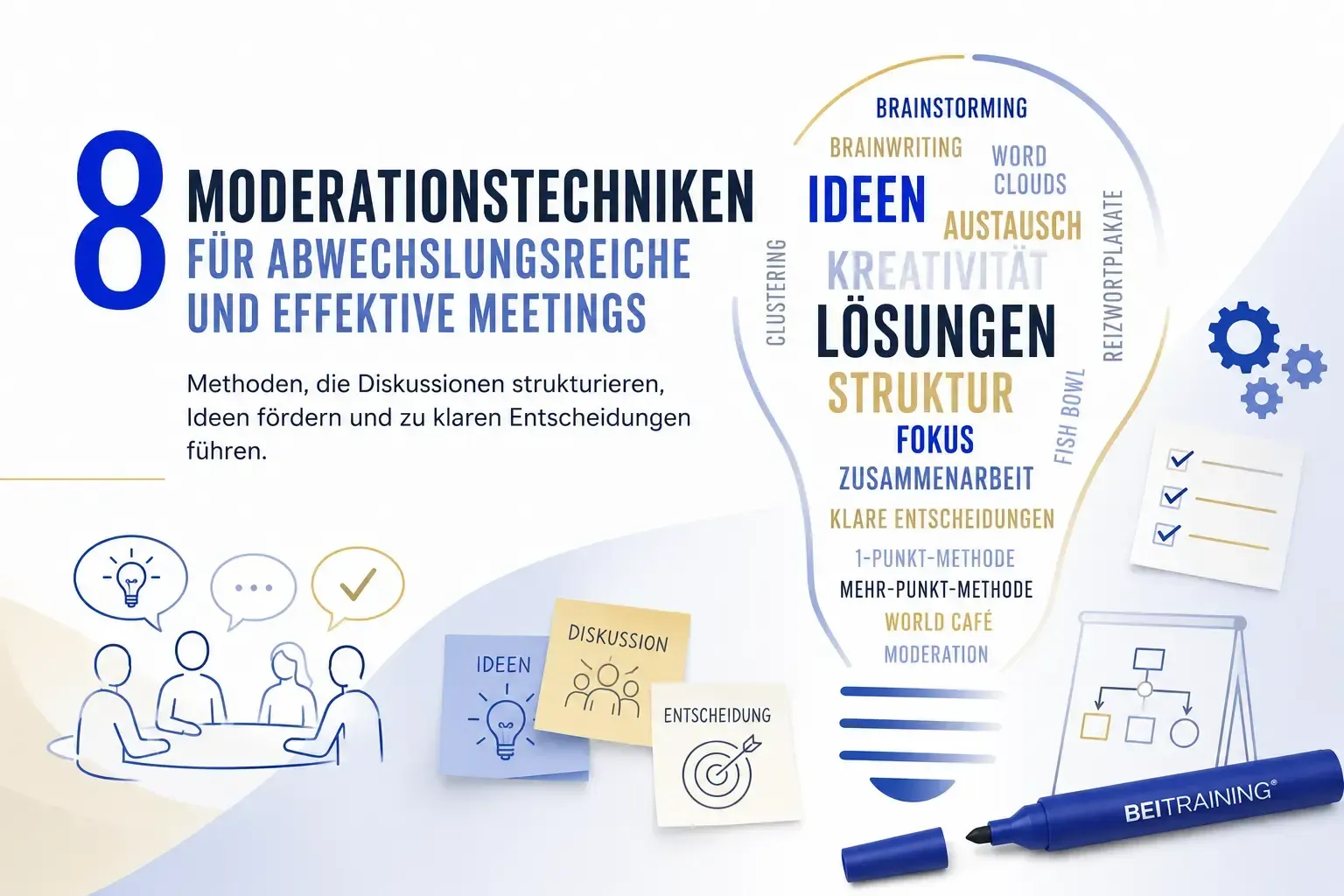 Illustration zu 8 Moderationstechniken für Meetings mit Wortwolke, Glühbirne, Workshop-Symbolen