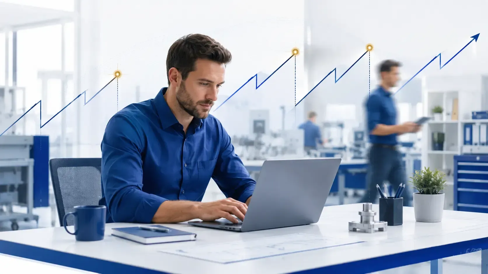 Ein Mann sitzt am Schreibtisch. Vor ihm steht ein Laptop und er versucht, störungsfrei zu arbeiten.