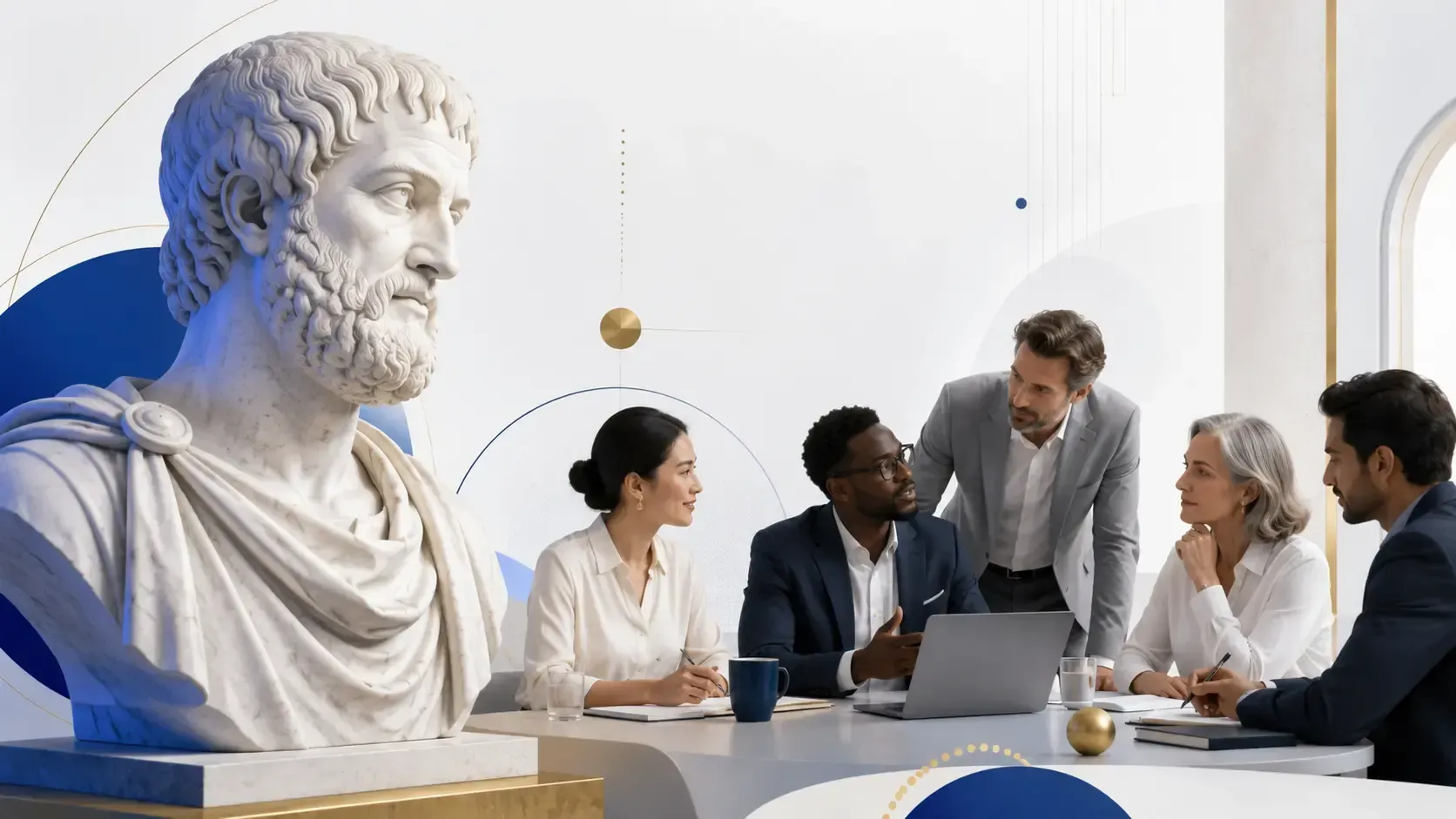 Aristoteles-Büste nickt einem modernen Business-Team zu und symbolisiert zeitlose Erfolgsfaktoren
