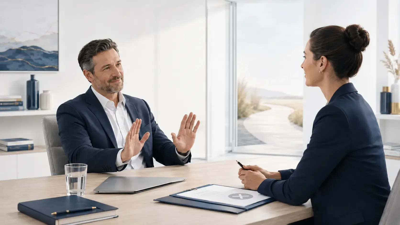 Zwei Personen im Business-Gespräch, die eine Absage ruhig, respektvoll und professionell besprechen.