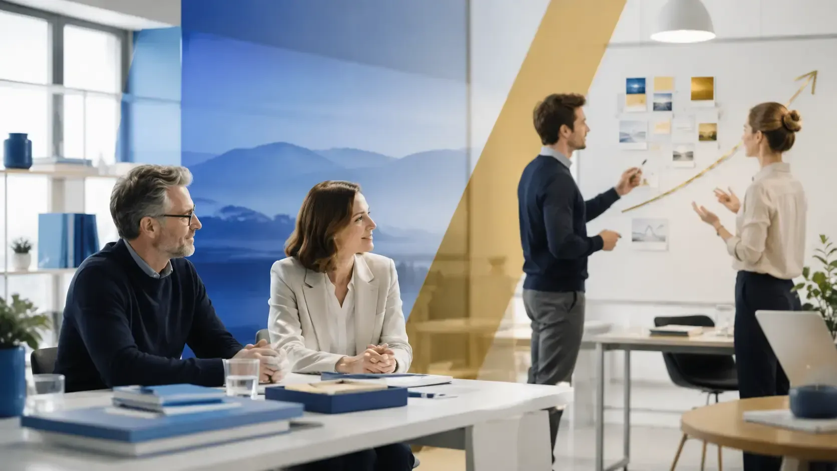 Business-Team in moderner Arbeitsumgebung mit visueller Trennung von Zufriedenheit und Motivation al