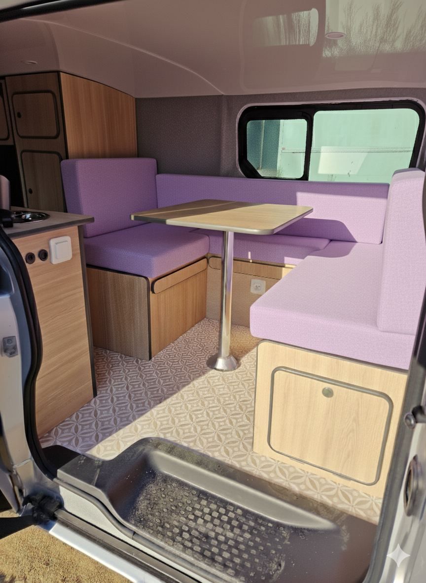 Kit d’aménagement van Renault Trafic gris – mobilier bois et rangements pour van aménagé