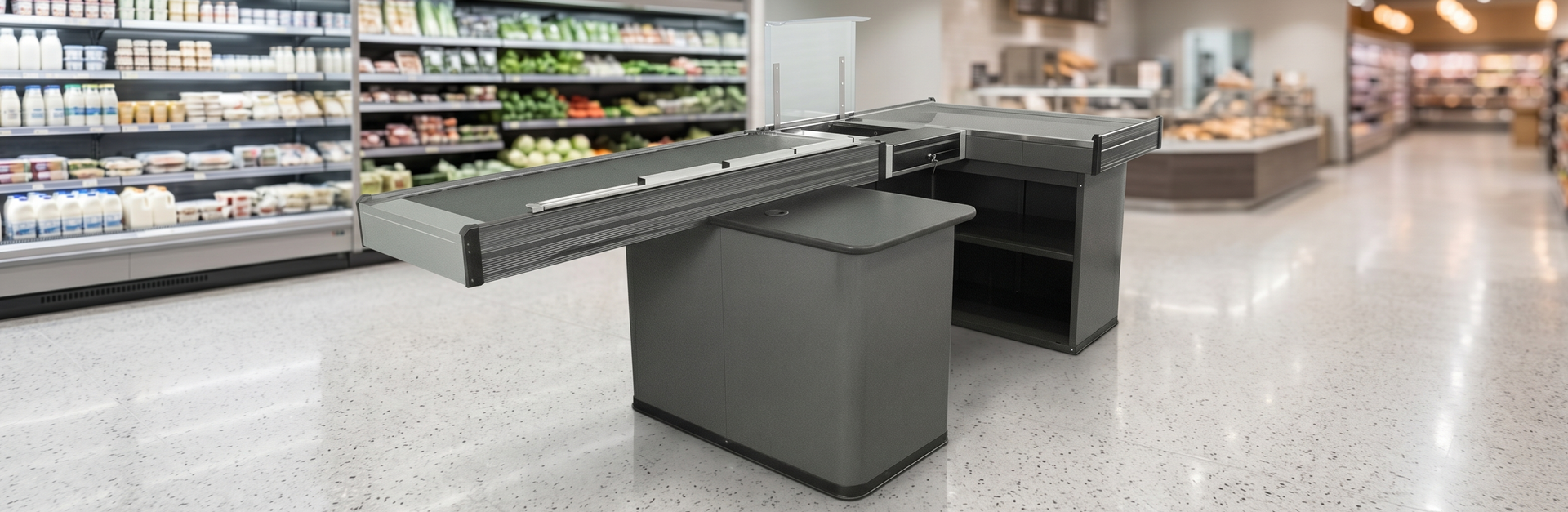 Kassenbereich planen: Checkout-Zone mit Warenfluss, Packfläche und Kassenmöbeln im Einzelhandel.