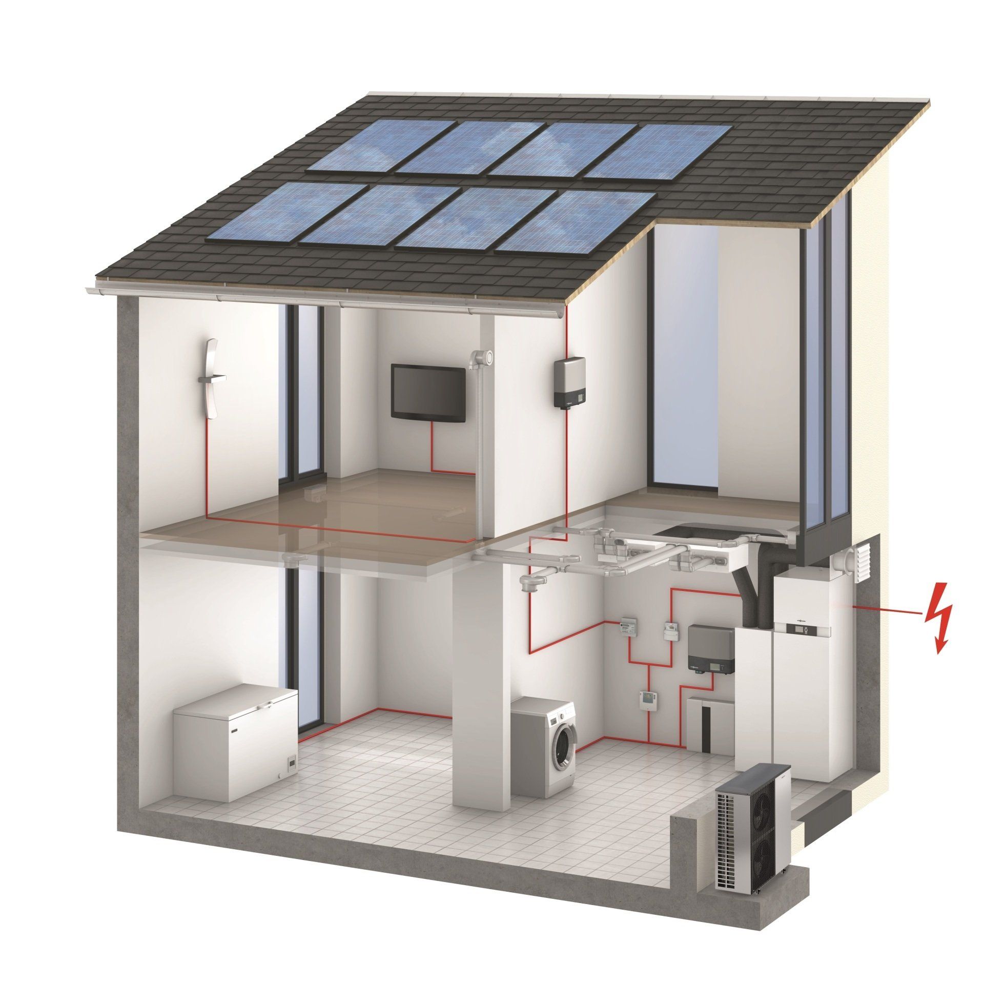 Hausillustration, Neubau mit Solaranlage und Viessmann Heizung