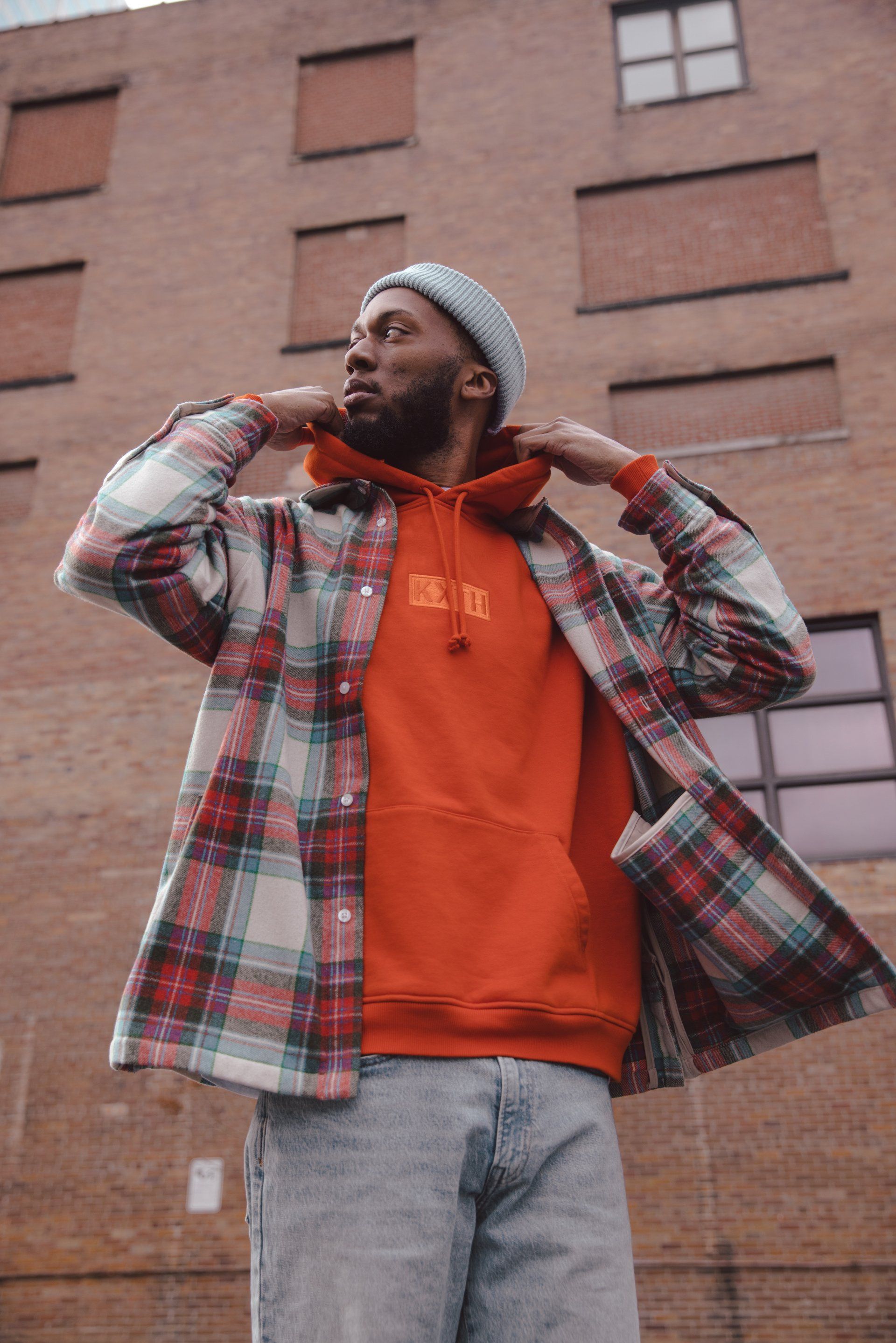 quality men's flannels, kith flannel, orange hoodie, gap beanie,