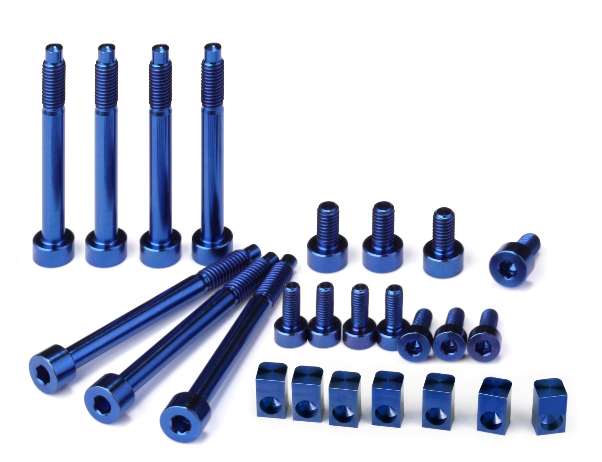 Professional, high-performance blue anodized titanium upgrade set for a 7-string Floyd Rose, Schaller Lockmeister, or similar tremolo system. Includes 7 locking screws, 7 saddle mounting screws, 4 locking nut screws, and 7 string locking insert blocks, all arranged on a white background.
