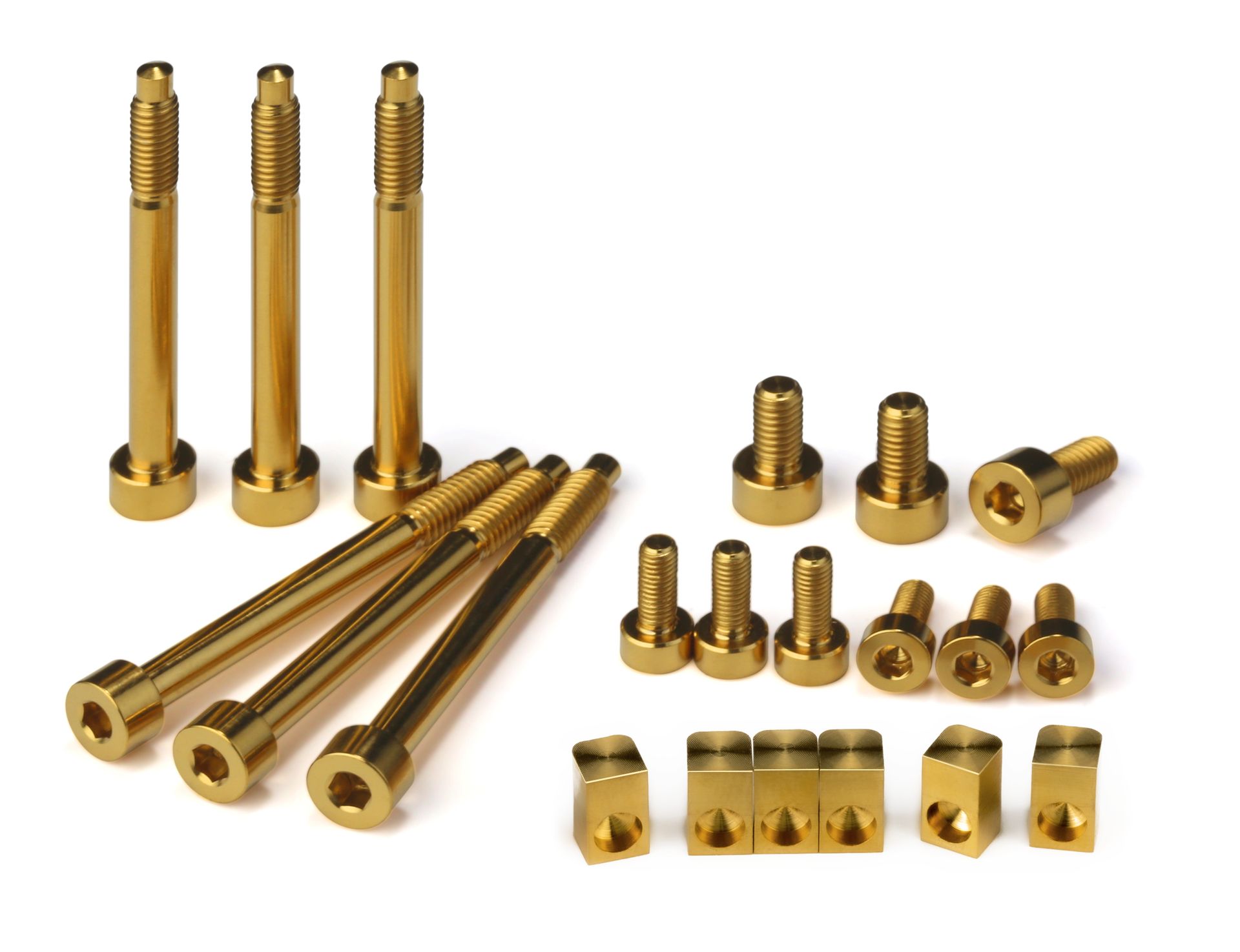 Professional, high-performance gold TiN coated titanium upgrade set for a 6-string Floyd Rose, Schaller Lockmeister, or similar tremolo system. Includes 6 locking screws, 6 saddle mounting screws, 3 locking nut screws, and 6 string locking insert blocks, all arranged on a white background.