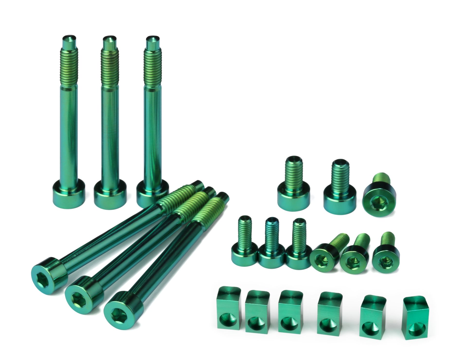 Professional, high-performance green anodized titanium upgrade set for a 6-string Floyd Rose, Schaller Lockmeister, or similar tremolo system. Includes 6 locking screws, 6 saddle mounting screws, 3 locking nut screws, and 6 string locking insert blocks, all arranged on a white background.