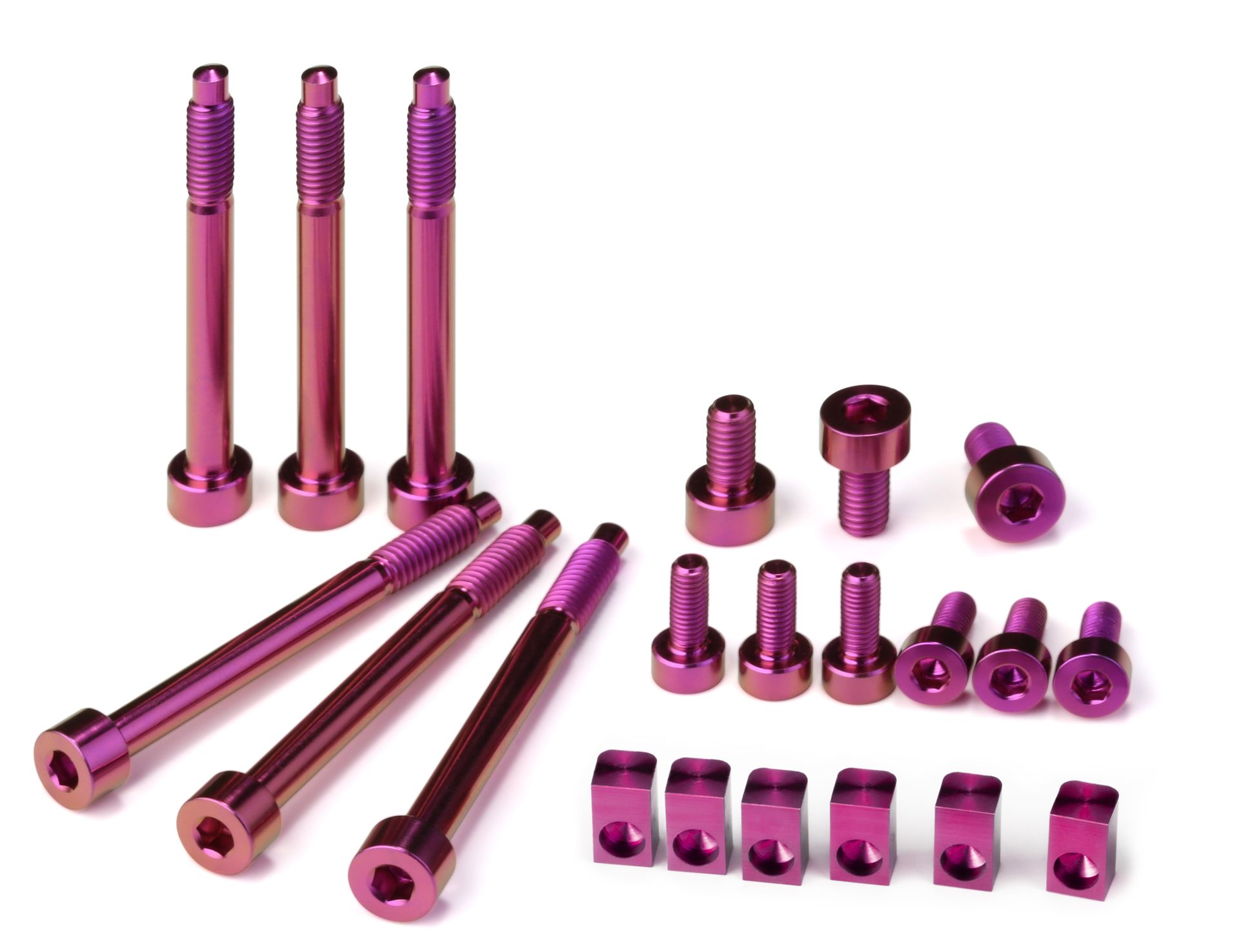 Professional, high-performance pink anodized titanium upgrade set for a 6-string Floyd Rose, Schaller Lockmeister, or similar tremolo system. Includes 6 locking screws, 6 saddle mounting screws, 3 locking nut screws, and 6 string locking insert blocks, all arranged on a white background.