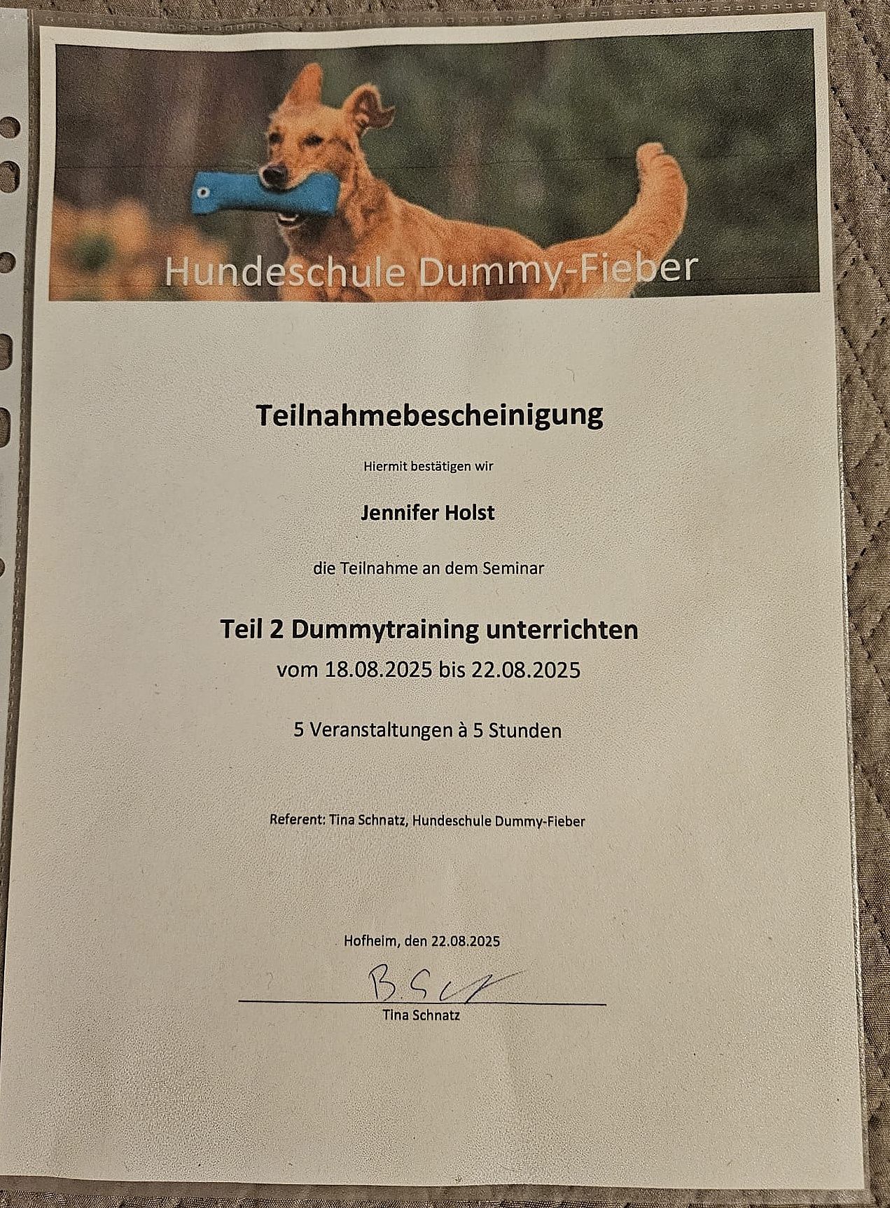 Wald & Hund -Zertifikat Dummytrainer Ausbildung
