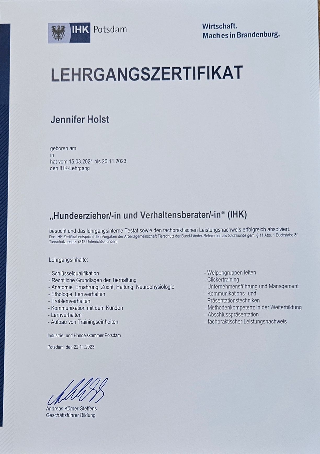 Wald & Hund - Lehrgangszertifikat Ausbildung Erzieherin und Verhaltensberaterin