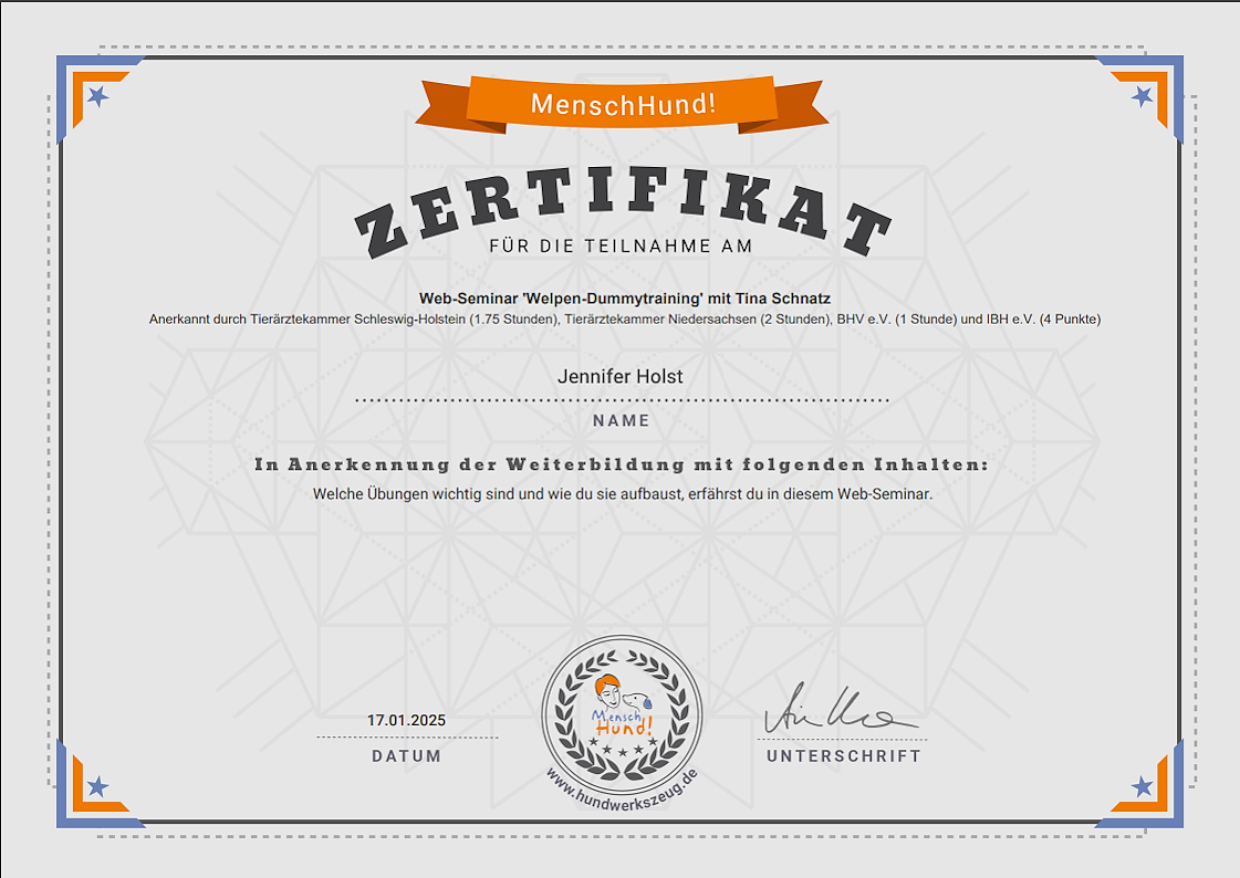 Wald & Hund - Fortbildung Zertifikat Welpen Dummytraining