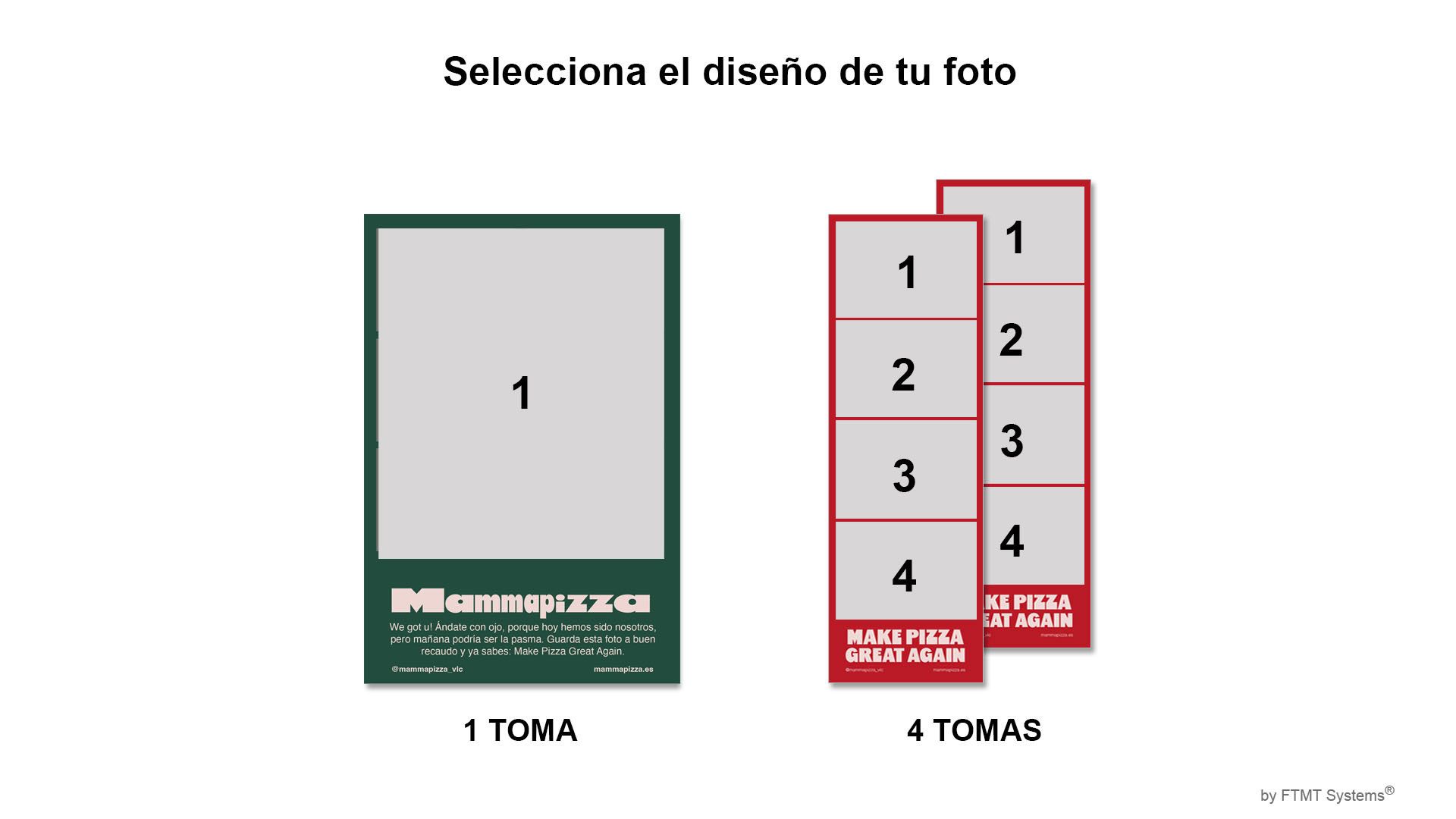 Pantallas de selección de diseños de fotos en Mamma Pizza
