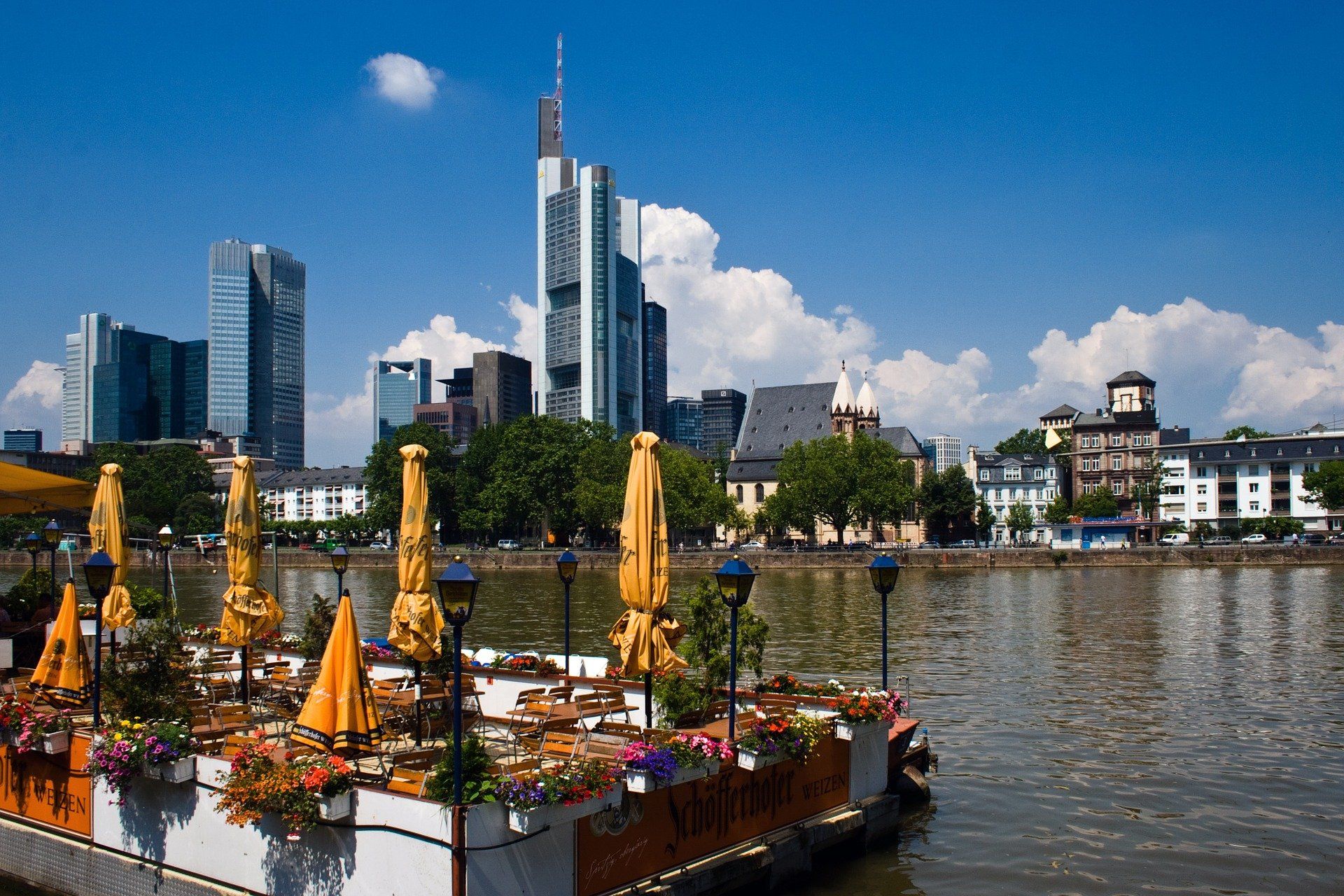 Blick vom Main auf die Skyline von Frankfurt