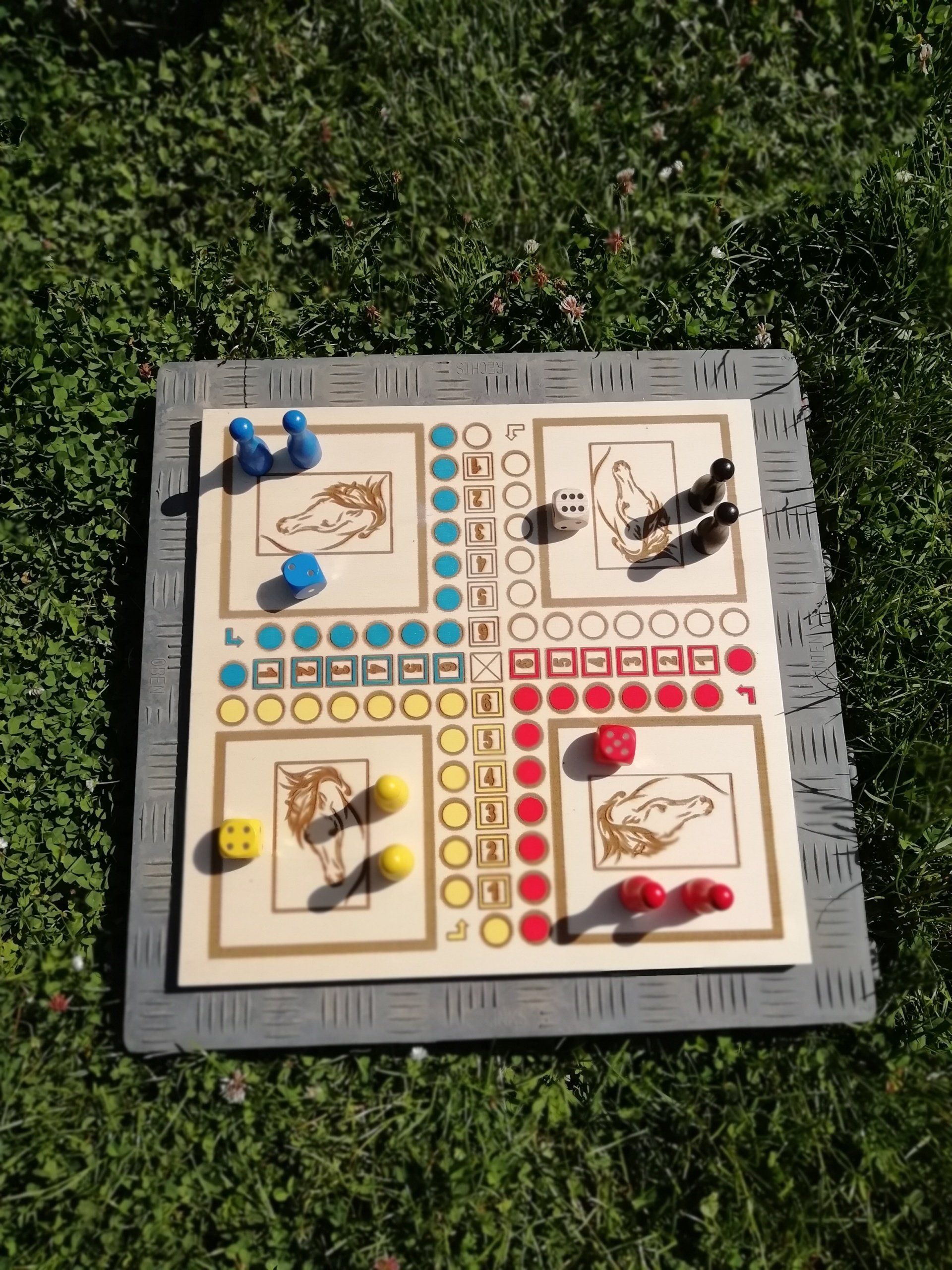 Plateau de 33 x 33 cm, accessoires fournis 8 pions et 4 dés