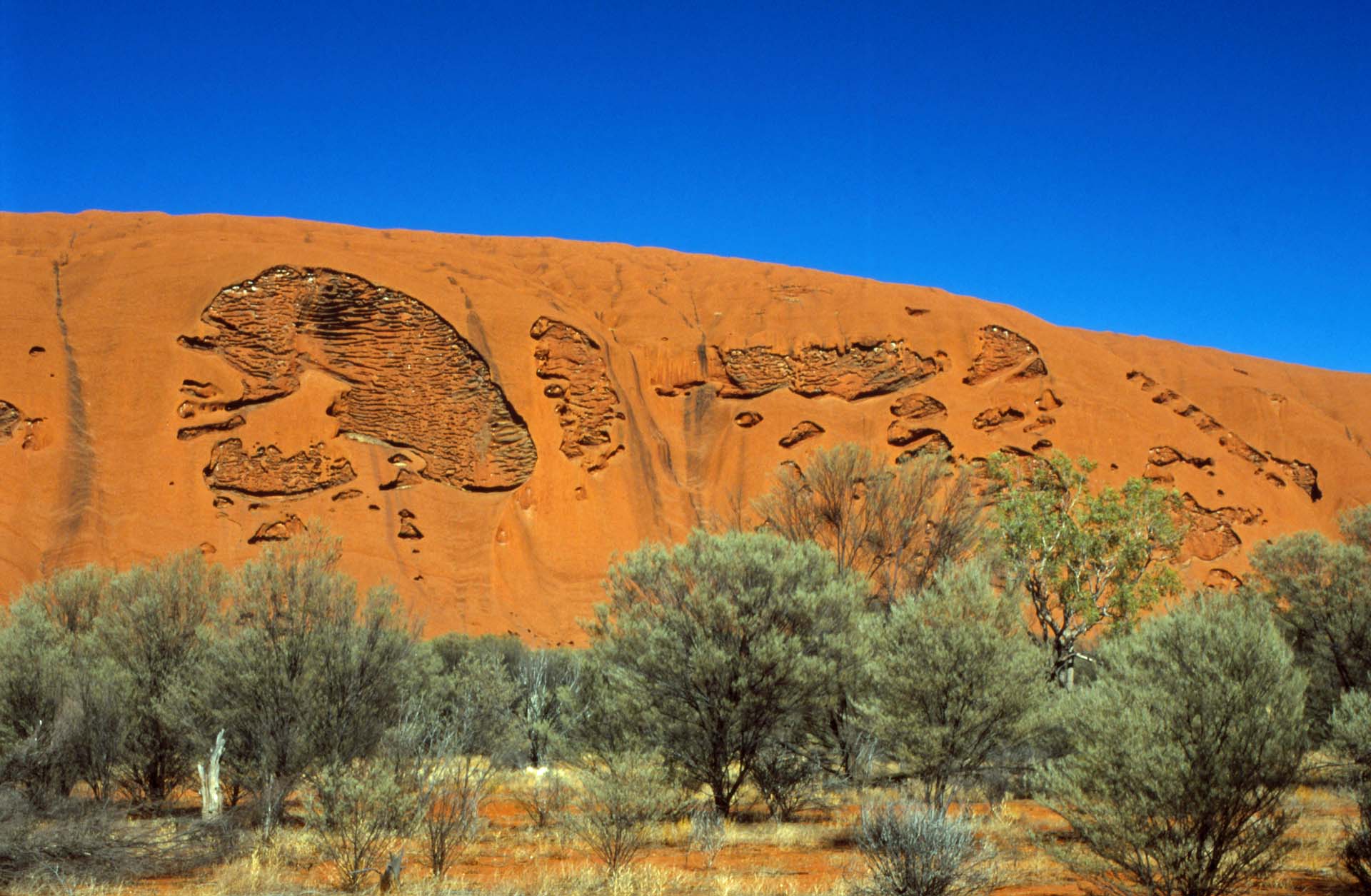 Uluru - Ayers Rock - Um diese natürlichen Bilder im Fels ranken sich die Mythen der Anangu