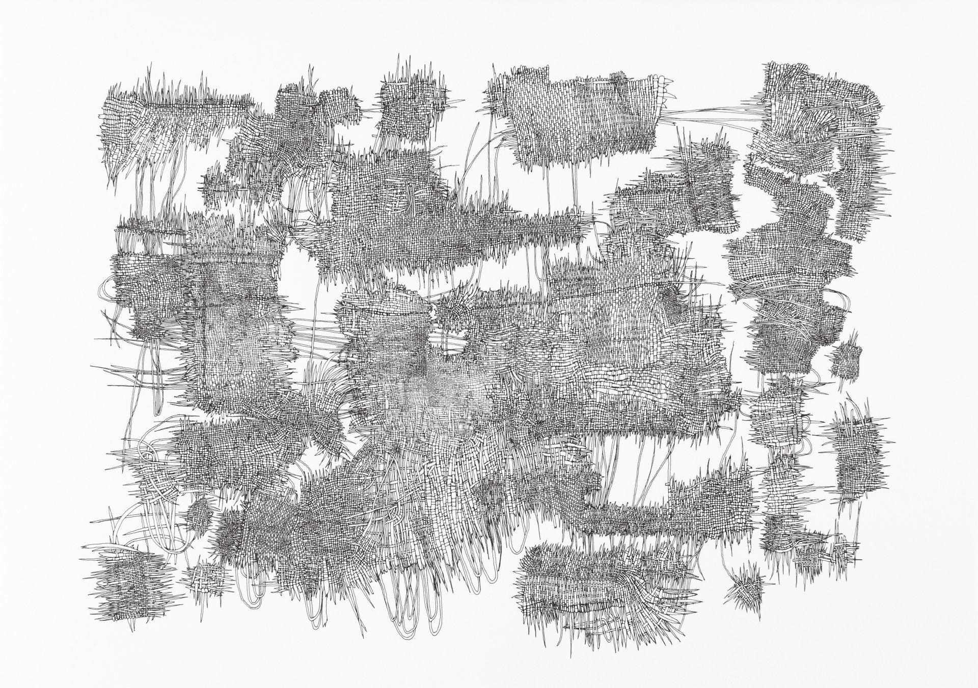 Gabriele Fischbach / ohne Titel / 2017 / 29,7 x 42,0 cm / Pigmentstift auf Karton, Strukturzeichnung , Viereckstruktur, Gewebestruktur, Fragment