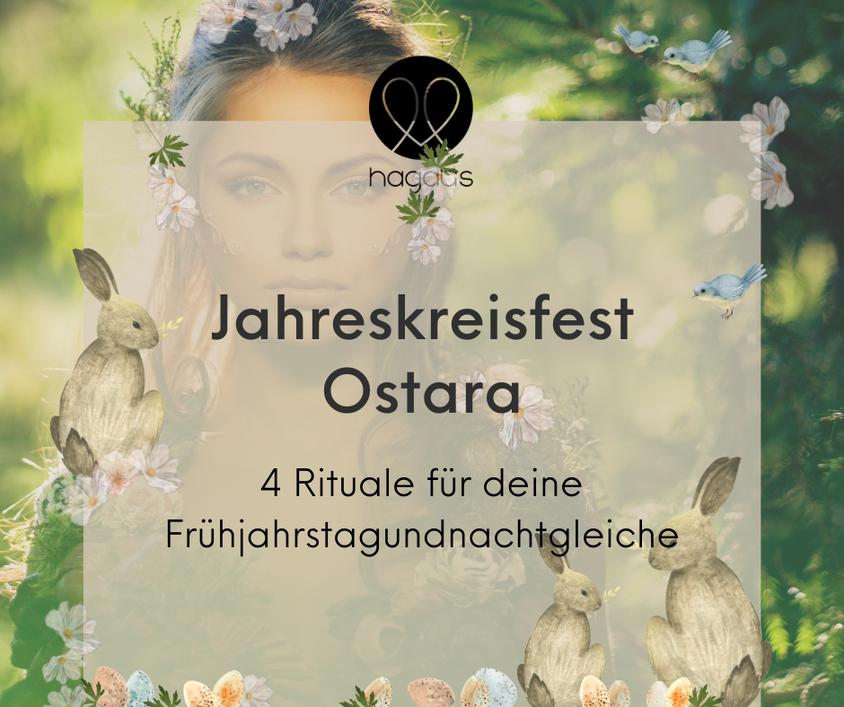 Frau mit Blumen im Haar. Vor ihr sitzen Hasen und Ostereier liegen im Gras.