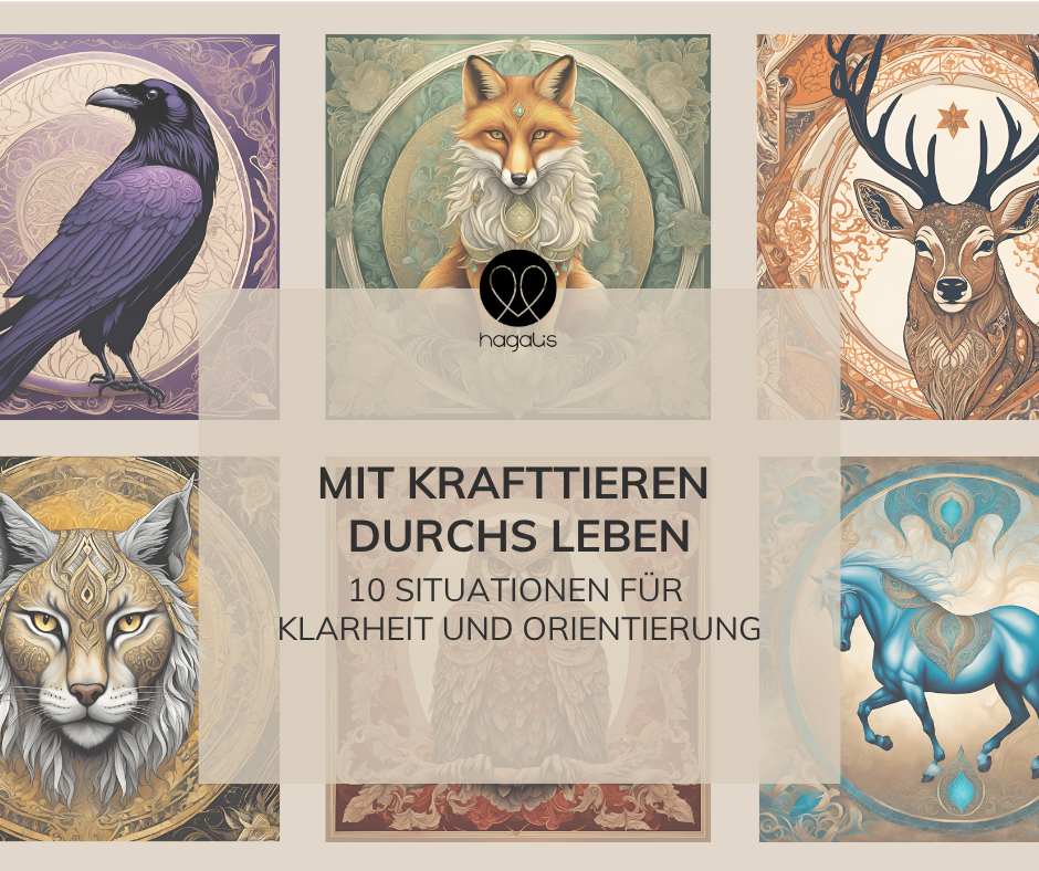 Krafttierkarten mit Rabe, Fuchs, Hirsch, Puma, Eule, Pferd