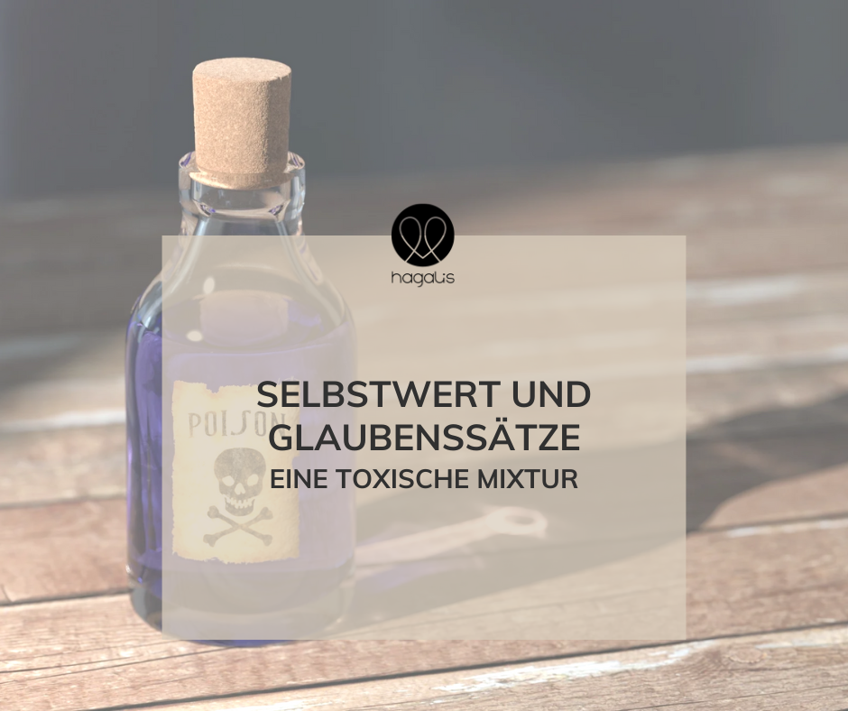 Flasche mit blauer Flüssigkeit und Aufschrift: Selbstwert und Glaubenssätze - eine toxische Mixtur