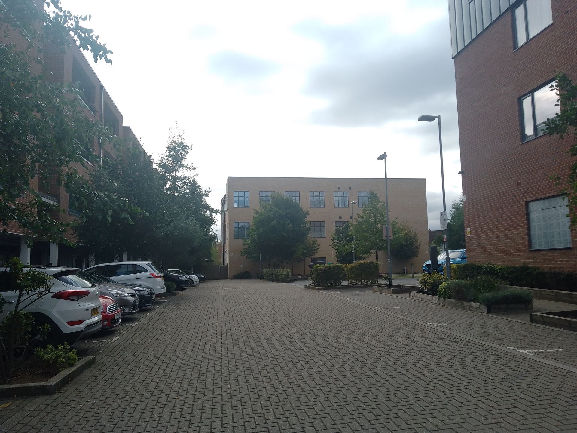 The back of Winsor & Newton Building A photo of the road leading to the back of the Winsor and Newton Building, which is in the middle, with cars parked along the left side and trees dotted around