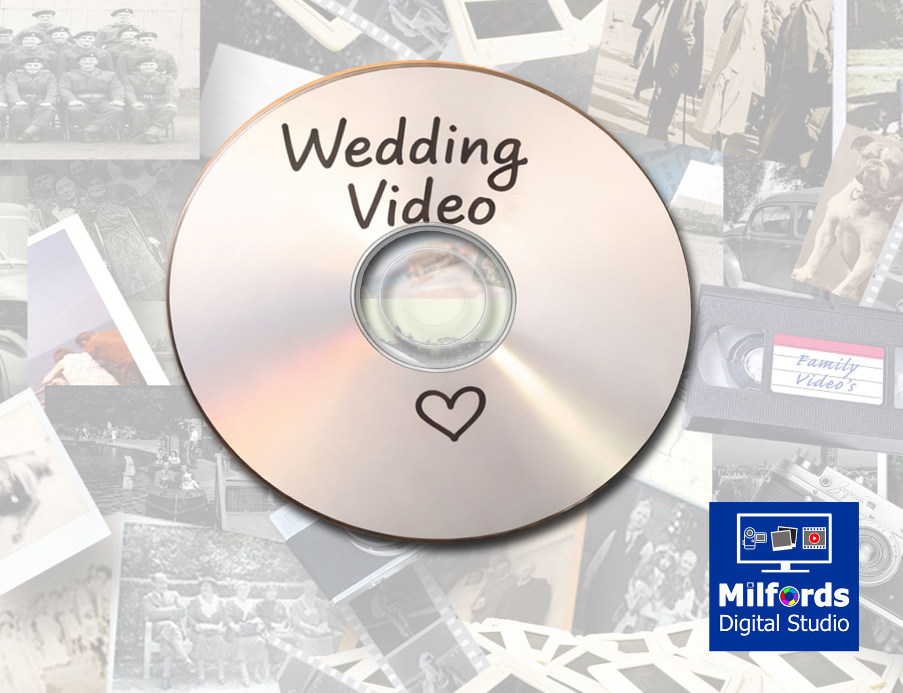 Wedding video DVD with
handwritten label and heart,
representing professional wedding
video digitisation and preservation.