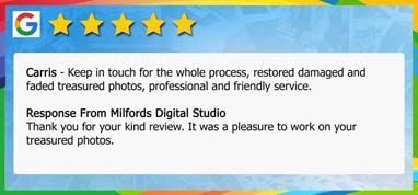 Google review for Milford's Digital Studio: Keep in touch, restored damaged and faded photos, professional, friendly service.
