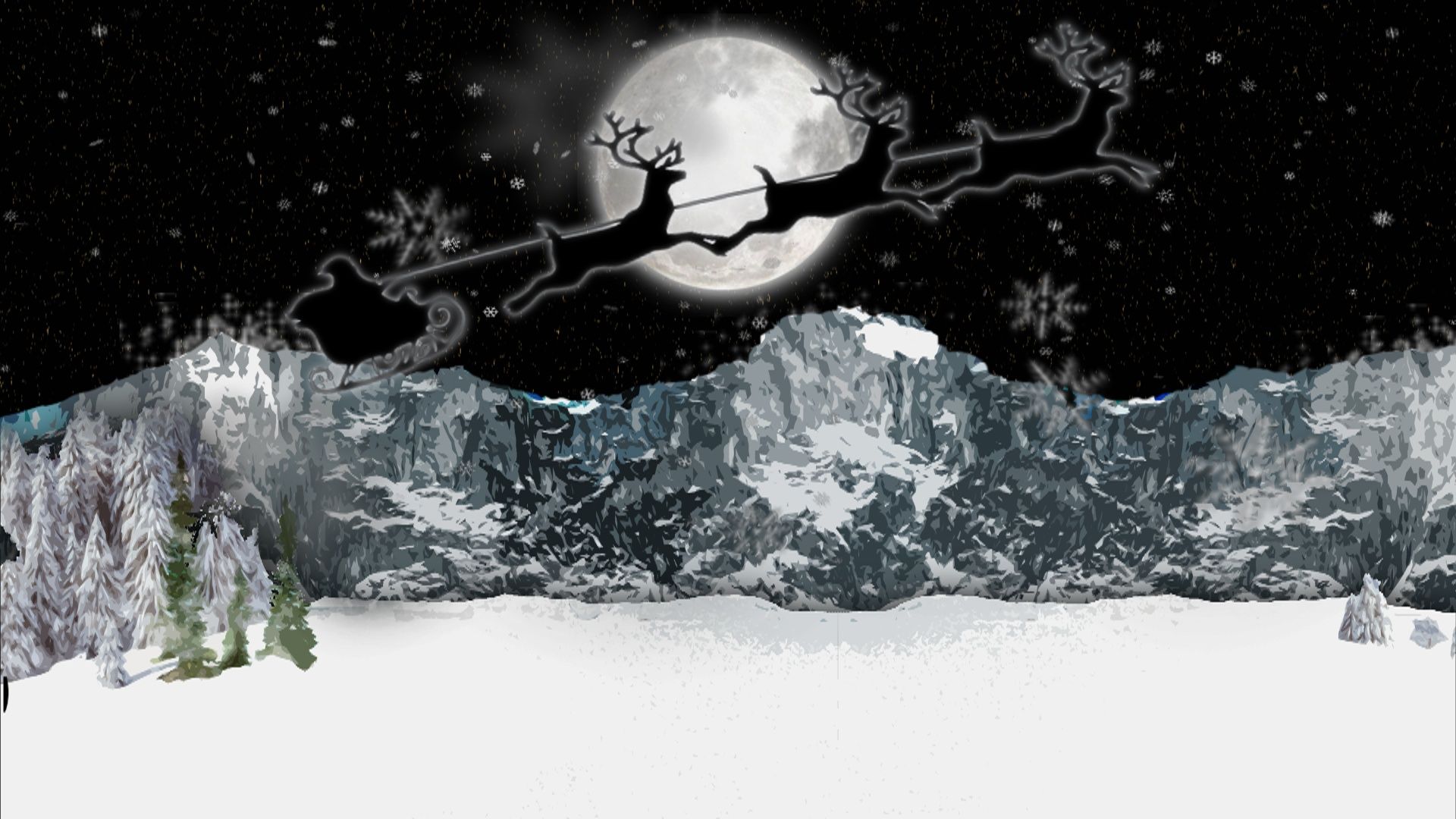 A snow covered mountain scene at night with the moon ad Santa's sleigh.