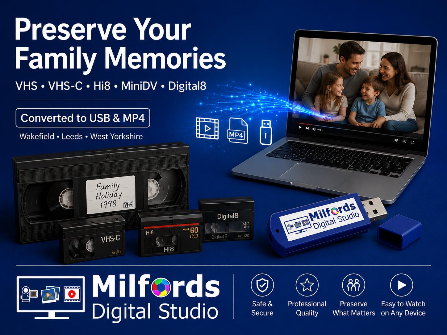 VHS to digital conversion service showing VHS, VHS-C, Hi8, MiniDV and Digital8 tapes converted