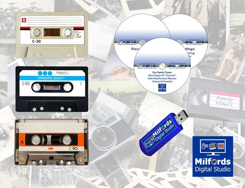 Cassette tapes, CDs, and USB showing audio transfer options by Milfords Digital Studio.