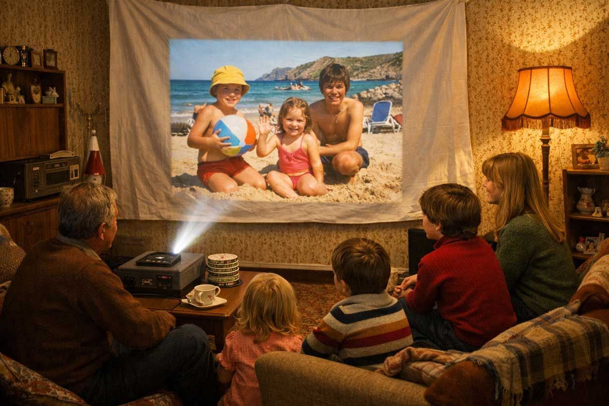 Slide digitisation service in Wakefield projecting family beach photo in cosy living room