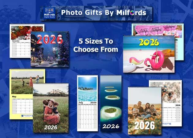 Custom printed twelve month family memory photo calendars.