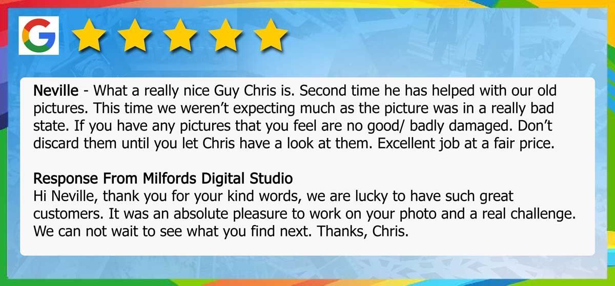 Badly damaged photo restoration – delighted with results and friendly, professional communication.