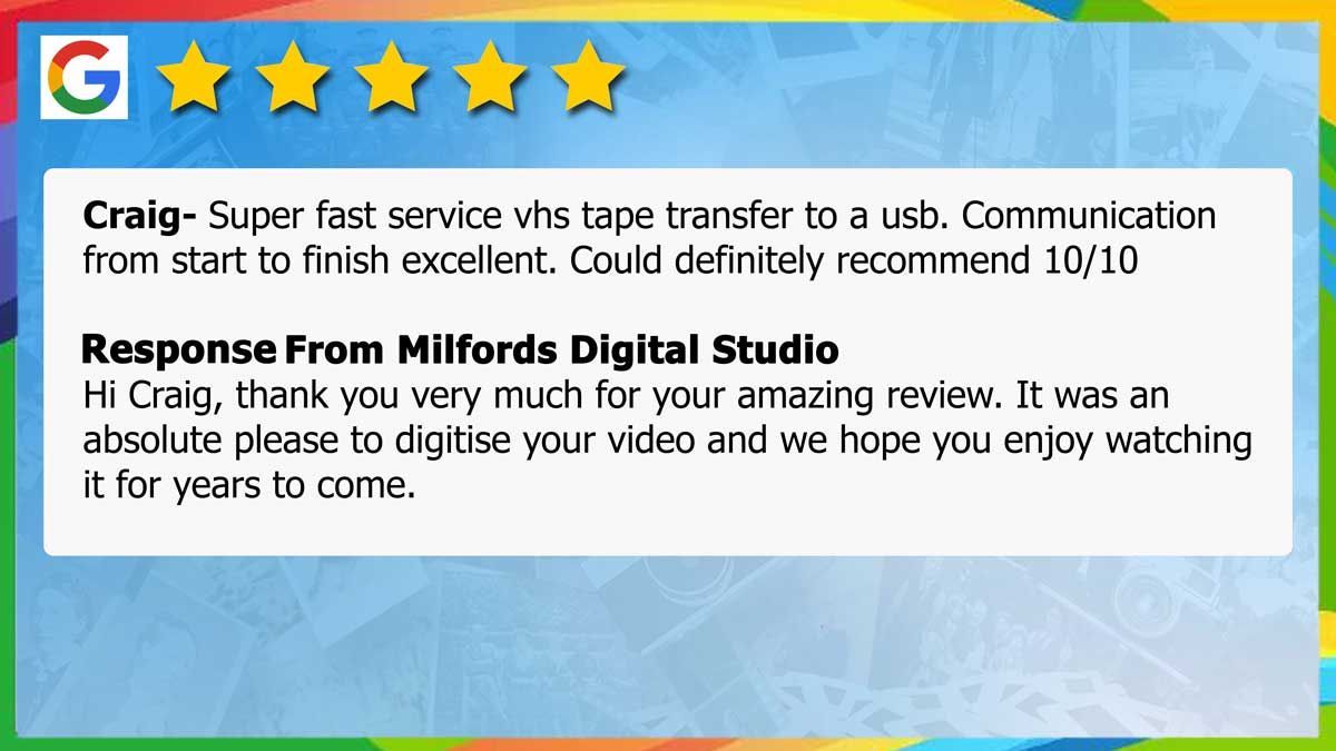 Super-fast VHS tape transfer to USB, excellent communication and 10/10 results from Milfords Digital Studio.