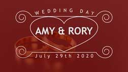 Wedding graphic with two rings, heart design, and the names 'Amy & Rory' dated July 29th 2020.