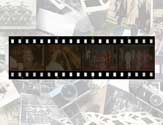 A strip of dark photographic negatives placed over a background of vintage photo prints.