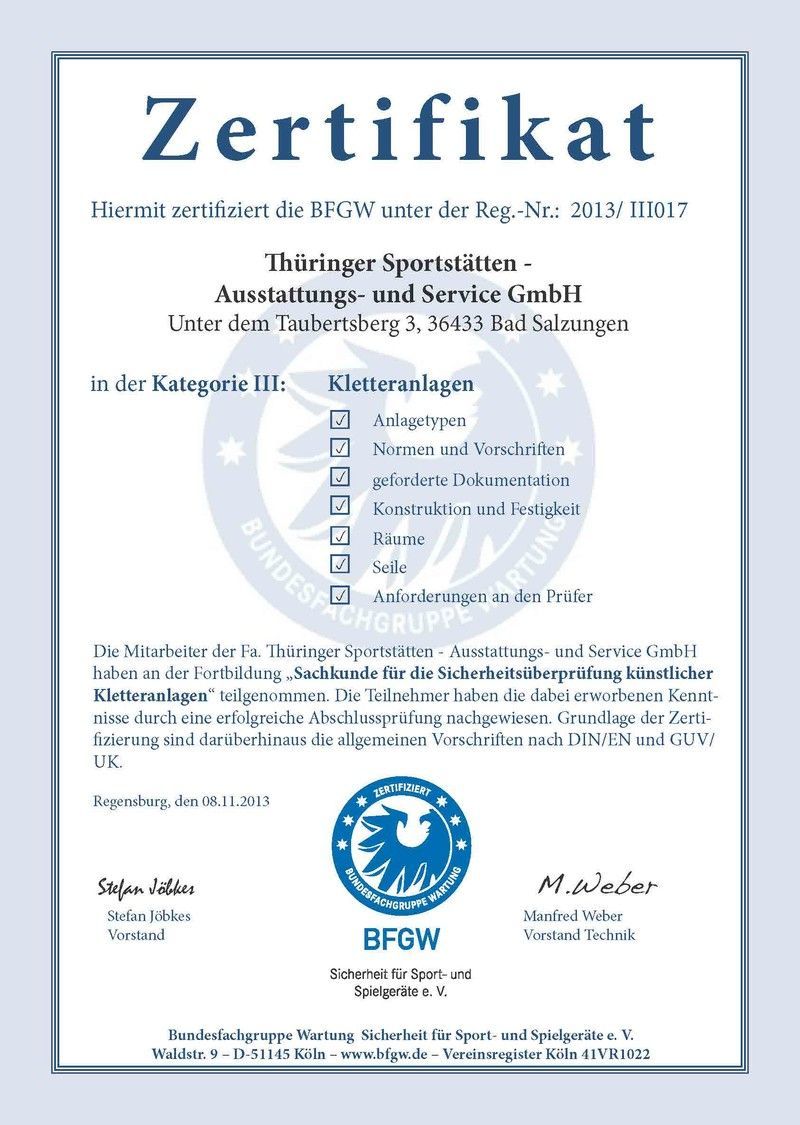 BFGW Zertifikat für den Thüringer Sportservice aus dem Jahr 2013