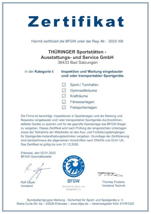Zertifikat der BFGW für den Thüringer Sportservice aus dem Jahr 2023