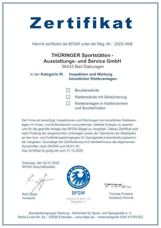 Zertifikat der BFGW für den Thüringer Sportservice aus dem Jahr 2023