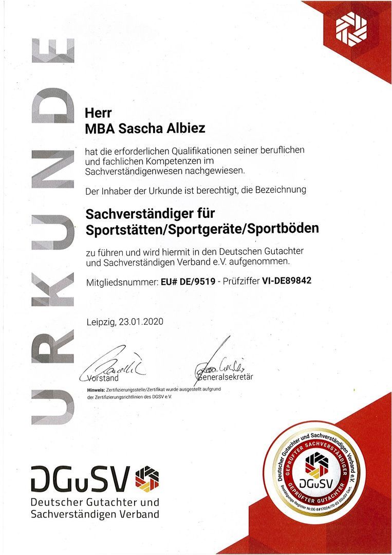 Zertifikat Sascha Albiez Sachverständiger für Sportstätten/Sportgeräte/Sportböden