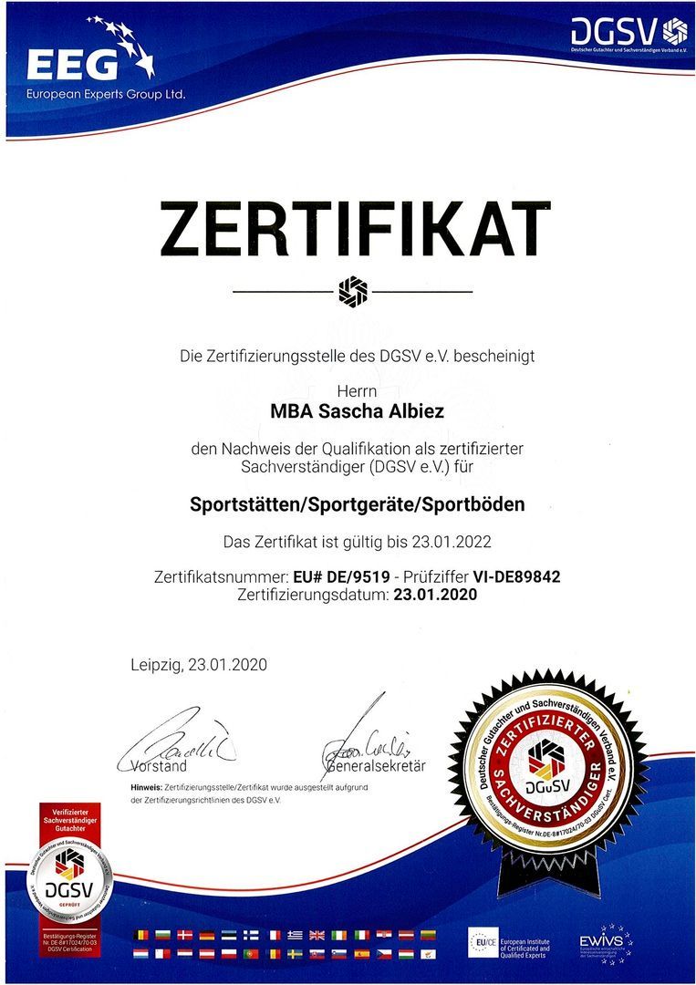 Zertifikat der DGSV für Sascha Albiez zum Sachverständiger für Sportstätten/Sportgeräte/Sportböden