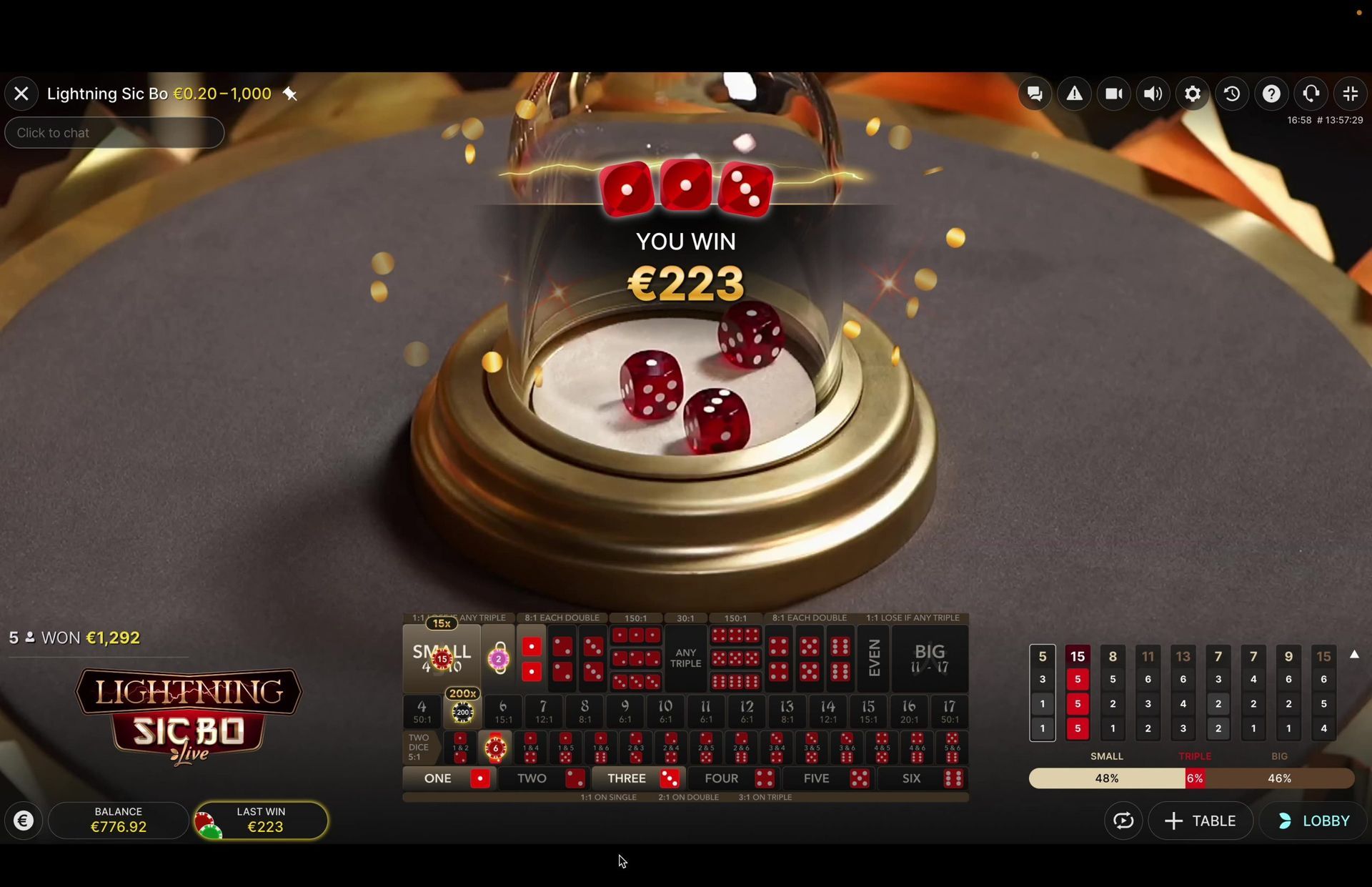 Lightning Sic Bo Live Le jeu de casino en direct Lightning Sic Bo en ligne d'Evolution