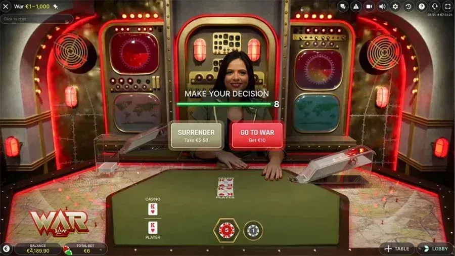 Live casino game War by Evolution