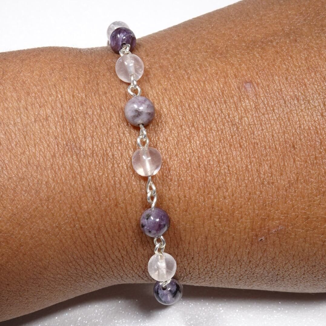 Bracelet charoïte et quartz rose en argent par www.nathalyne.fr