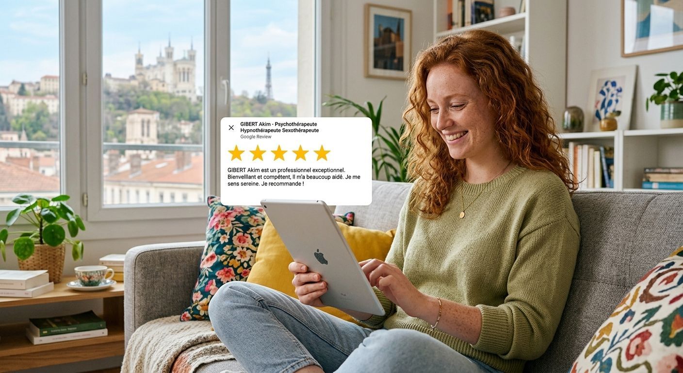 Patiente satisfaite recommande hypnothérapie Lyon hypnose Lyon Gibert Akim avis. Psychothérapeute Hypnothérapeute Sexothérapeute reconnu Lyon.