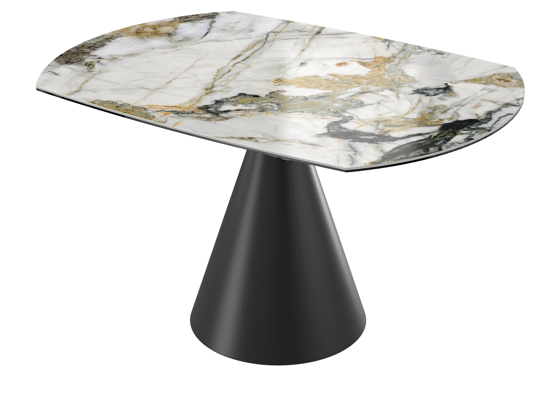 Table à manger en céramique , piétement en acier. Allonge rotative pour table ronde