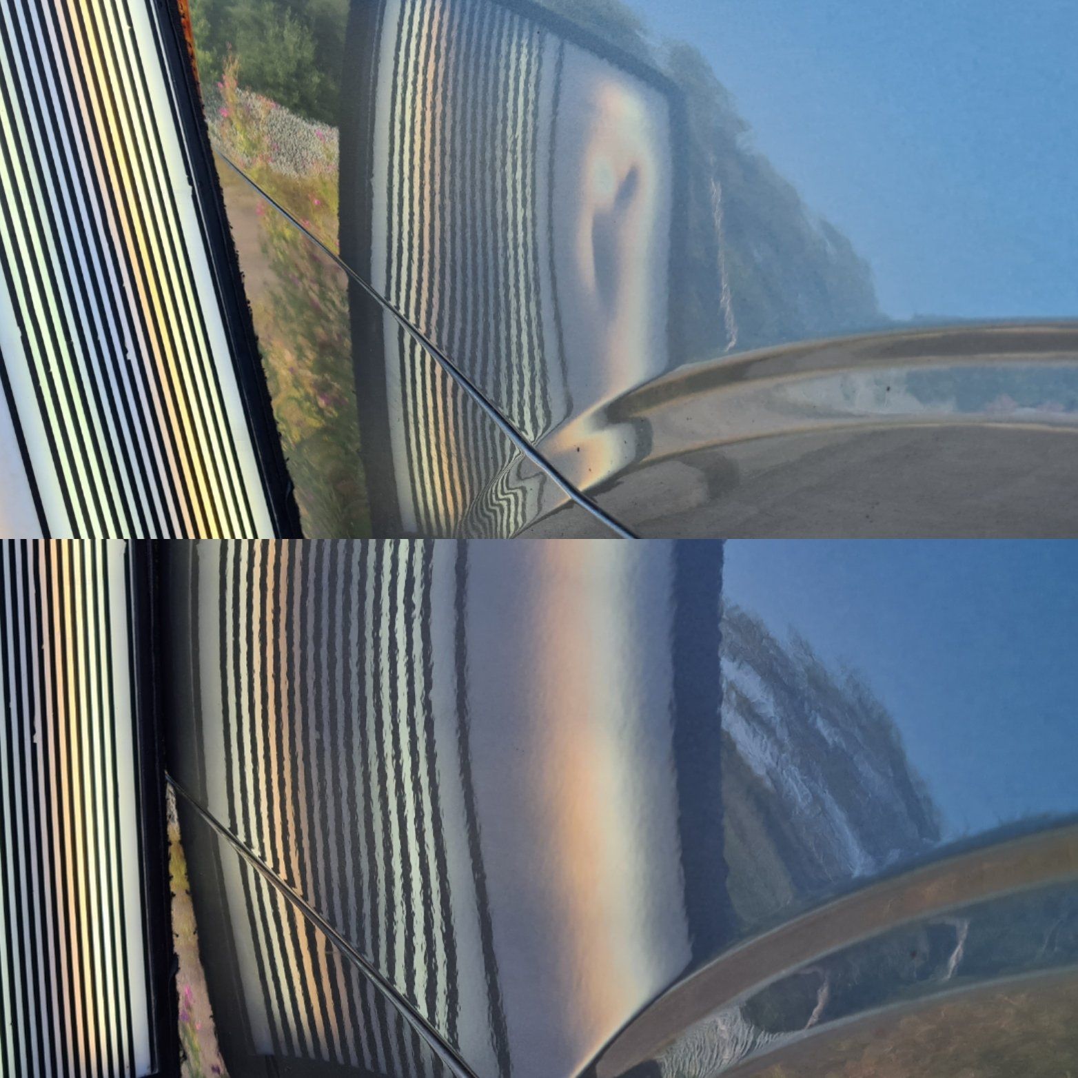 Example of hail damage before and after dent repair in lancashire